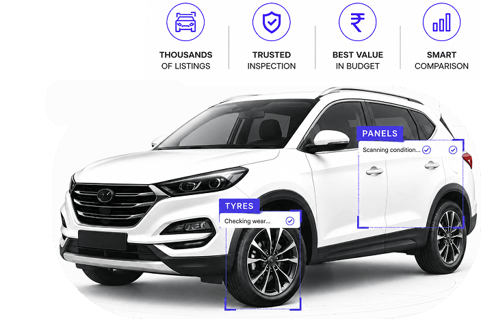 A used SUV being checked for tyre wear and panel condition by InspektAI Assist